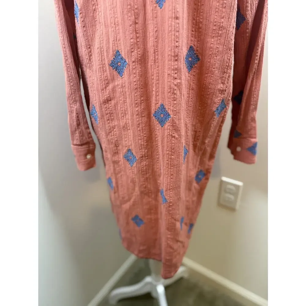 J. Jill Pure Jill Embroidered Shirtdress CoralBlue Small Cotton Boho Cottagecore